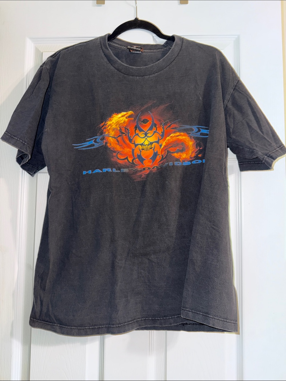 Harley-Davidson Black Tee with Orange and Blue Flame Skull Graphic